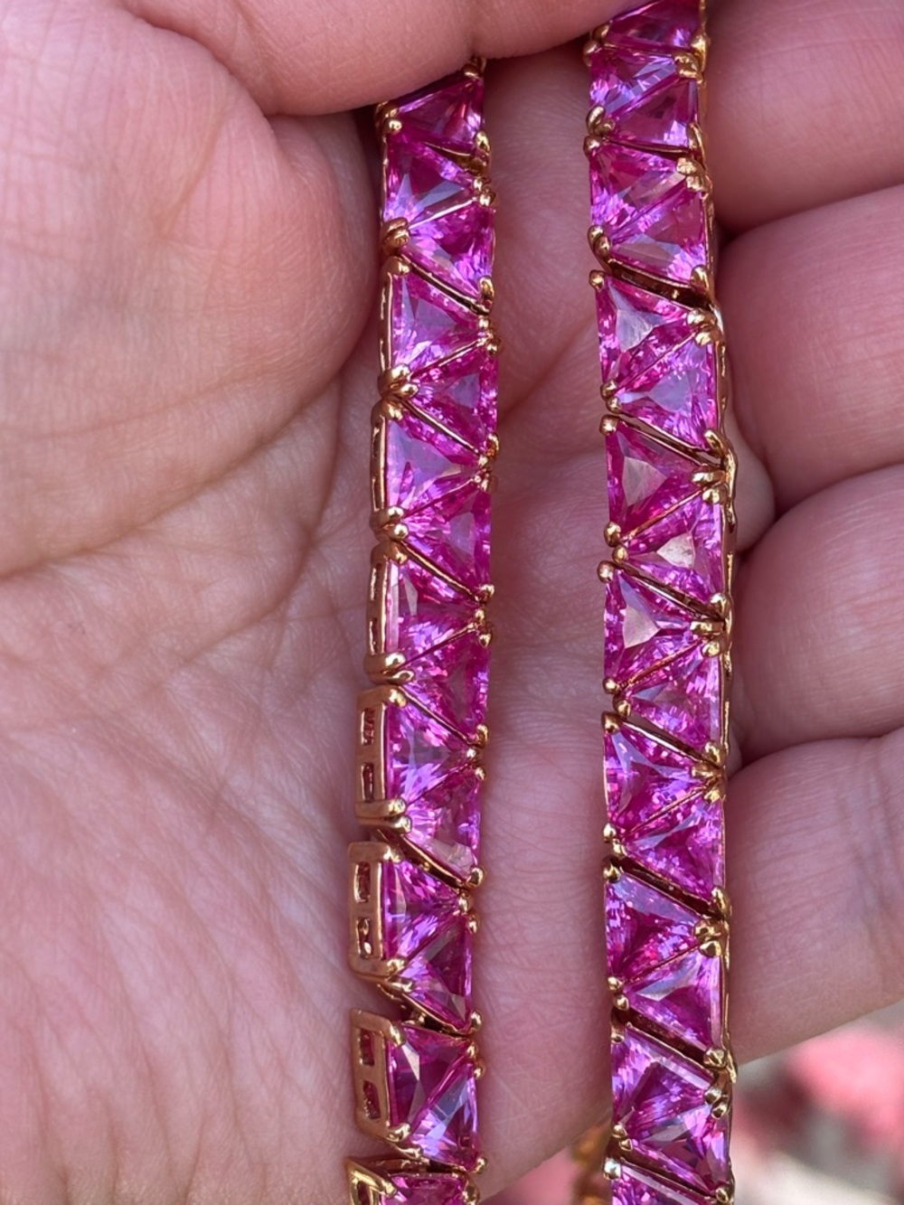 Vintage Pink Trillion Cut Necklace 925 Gold Vermeil Tennis Necklace 18”
